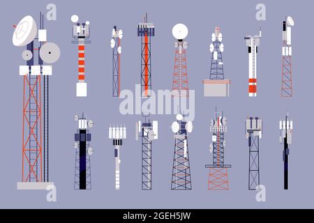 Torri di comunicazione. Antenna cellulare satellitare, apparecchiatura di telecomunicazione mobile senza fili. Illustrazione del vettore radar di rete o radio Illustrazione Vettoriale