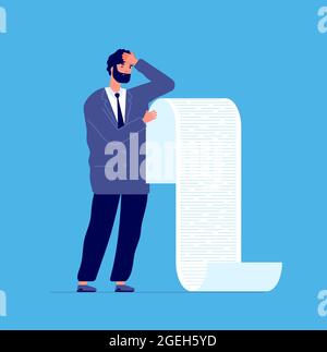 Uomo che tiene lunga lista. Businessman debito scorrere, manager lettura di segnalazione banca o avvocato. Maschio con carta fallimentare lettera vettore concetto Illustrazione Vettoriale