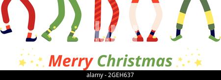 Piedi elfi divertenti. Gambe Leprechaun, elfi danzanti in scarpe. Differente stivale di piede di nana, Natale divertente festa celebrando banner vettoriale Illustrazione Vettoriale