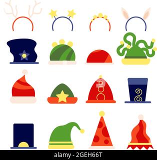 Cappelli di natale piatti. Accessorio Elf xmas, abiti in costume da festa di santa e cappio per cervi. Isolato vacanza magica foto stand puntelli vettore set Illustrazione Vettoriale