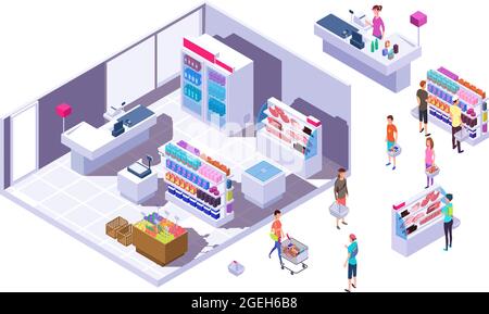 Interno del negozio di alimentari isometrico. Clienti, stand con merci e cassiere. Acquirenti isolati in illustrazione vettoriale supermercato Illustrazione Vettoriale