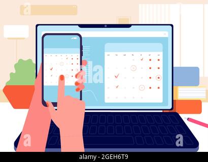 Sincronizzazione dei dati. Pianificatore, calendario ed elenco delle cose da fare. Pianificazione, applicazione aziendale per la gestione del tempo. Agenda elettronica digitale, informazioni trasferite Illustrazione Vettoriale