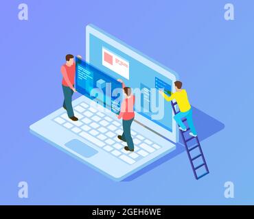 Aggiornamento dell'interfaccia Web. Sviluppatori Web, programmatori al lavoro. Persone isometriche che lavorano con il laptop, grafica vettoriale per la sostituzione dei contenuti Illustrazione Vettoriale