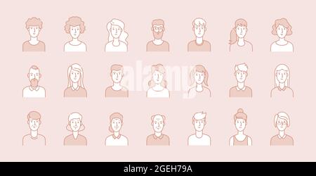 Avatar della gente. Moderni volti aziendali aziendali, linea di ritratti femminili maschili. Utenti giovani, adulti e anziani, set vettoriale moderno Illustrazione Vettoriale