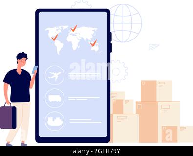 L'uomo sceglie la consegna. Servizio di spedizione online, trasporto di carichi diversi con aereo, camion o nave. Pacco tracking per ragazzo piatto con vettore mobile Illustrazione Vettoriale