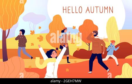 Ciao banner autunno. Novembre giallo, gli uomini di stagione camminano nel parco. Cespuglio arancione rosso, caduta natura e attività persone illustrazione vettoriale Illustrazione Vettoriale