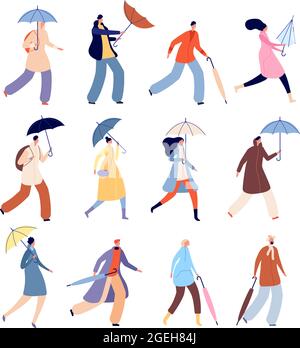 Persone con ombrelloni. Autunno piovoso, città strada bagnato persona carattere. Uomo isolato donna all'aperto a piedi in giorno di pioggia illustrazione vettoriale Illustrazione Vettoriale