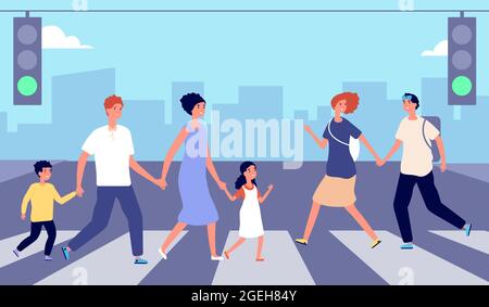 Persone su crosswalk. Traffico di persone, strada pedonale della città. Uomo donna attraversare strada a luce verde, stile di vita urbano vettore illustrazione Illustrazione Vettoriale