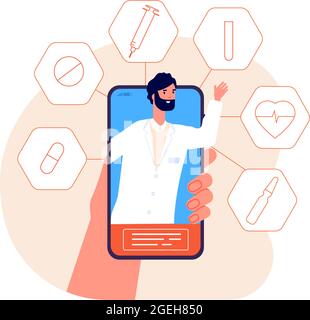 Medicina online. Consulenza sanitaria telefonica, emergenza medica o telemedicina. Chat medico virtuale mobile o supporto vettore concetto di servizio Illustrazione Vettoriale