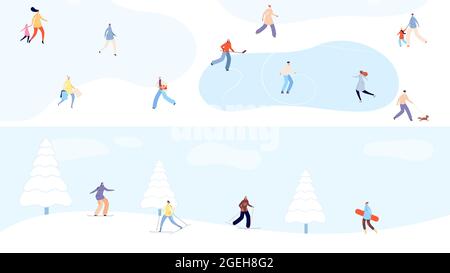 Vacanze invernali. Gente piccola che cammina nel parco della neve, sciare e pattinare. Natale e Capodanno, foresta innevata con banner vettoriali donna sportiva Illustrazione Vettoriale