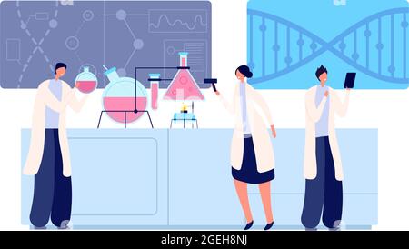 Persone in laboratorio di ricerca. Test di laboratorio, educazione clinica delle donne. Chimica o farmaceutica, scienza medica concetto vettoriale Illustrazione Vettoriale