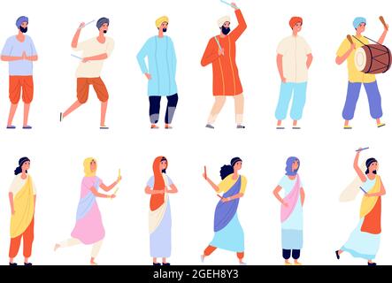 Personaggi indiani. Uomo vestito, persone isolate indossare abiti tradizionali. Felice ballerino asiatico e artista di strada, india persone gruppo vettore set Illustrazione Vettoriale