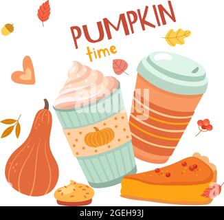 Tempo del latte di zucca. Bevande autunnali, stagione di hygge. Caffè con panna, foglie e dolci cadenti. Negozio di panetteria, caffetteria ristorante stampa carta modello vettoriale Illustrazione Vettoriale