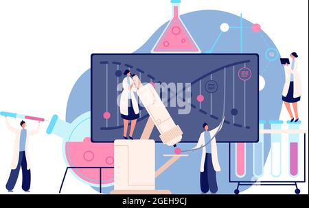 Ricerca sul DNA. Laboratorio attrezzato, laboratorio di genetica test dell'acido desossiribonucleico. Medicina scientifica, professionista medico concetto vettoriale Illustrazione Vettoriale