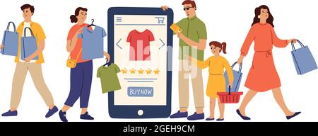 Shopping online. Donna negozio banner, web commerce o vendita digitale per i clienti. Happy famiglia acquistare vestiti in mobile store app vettoriale concetto Illustrazione Vettoriale