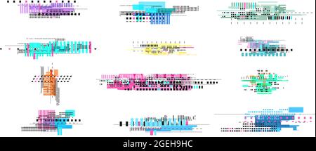 Elementi di decadimento digitale. Scollamento geometrico, astratto arte tv effetto rumore. Trama retro pixel, elementi vettoriali video distorti e isolati Illustrazione Vettoriale