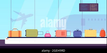 Bagaglio sulla cintura. Valigie piatte di colore, trasportatore aeroportuale e bagagli per le vacanze. Cartoon bag check in arrivo terminal vettore illustrazione Illustrazione Vettoriale