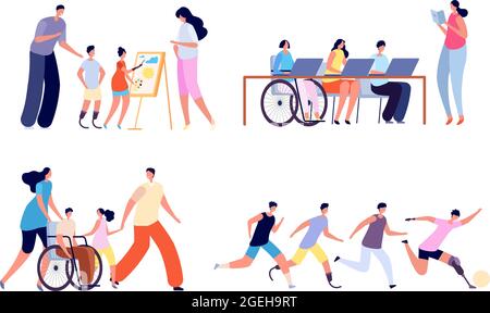 Bambini disabili. Attività per disabili, bambina in sedia a rotelle a scuola. Bambini disabili in famiglia, educazione per tutti i concetto vettoriale Illustrazione Vettoriale