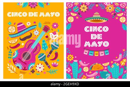 Poster Cinco de mayo. Festa messicana, messico latino fiesta invito decorativo. Peperoncino spagnolo, teschi fiori festival vettoriale carte design Illustrazione Vettoriale