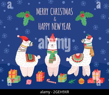 Llama sfondo di natale. Doodles lama, animali selvatici baby vacanza card. Lana alpaca indossare cappello santa, divertente inverno xmas poster vettoriale Illustrazione Vettoriale