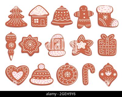 Biscotti di pan di zenzero. Pane di Natale, biscotti allo zenzero ornamentale con decori di glassa. Torte dolci vacanza isolate, set vettore pasticceria xmas Illustrazione Vettoriale