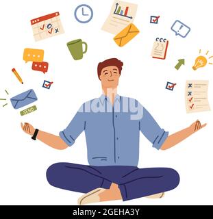 Uomo d'ufficio multitasking. Persona lavorabile, uomo d'affari duro e sistema di lavoro. Manager compiti, uomo relax meditazione carattere vettoriale Illustrazione Vettoriale