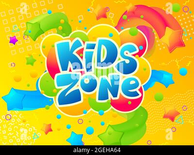 Zona bambini. Area giochi da colorare, cartoon divertente sala per bambini o parco giochi poster creativo. Intrattenimento o negozio di giocattoli sfondo vettoriale Illustrazione Vettoriale