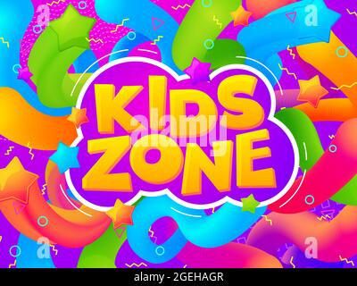Banner sala giochi. Area giochi per bambini, cartoon divertente poster sala bambini. Tipografia colorata per sfondo vettoriale parco giochi o asilo Illustrazione Vettoriale