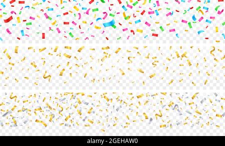 Banner a confetti. Oro argento colorato caduta particelle su sfondo trasparente. Festa di festa, compleanno natale anniversario decorazioni Illustrazione Vettoriale