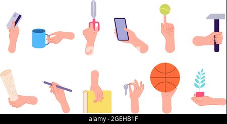 Mani di pose diverse. Gesti isolati, braccio che tiene la matita libro chiave tazza. Posizioni del polso del dito piatto, set vettoriale del dispositivo di taglio della carta di credito MAN hold Illustrazione Vettoriale