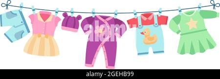 Abiti per bambini piatti. Abiti colorati, abbigliamento unisex bambino su abiti. Elemento isolato per le schede vettoriali di compleanno o di acquazzone del bambino Illustrazione Vettoriale