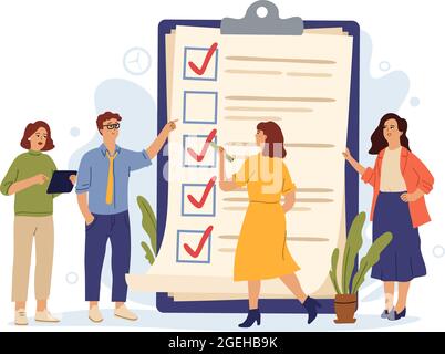 Lista di controllo per i dipendenti aziendali. Il responsabile esegue le attività, completa il test o l'elenco delle attività. Lavoro di squadra, successo di controllo sondaggio concetto vettoriale swanky Illustrazione Vettoriale