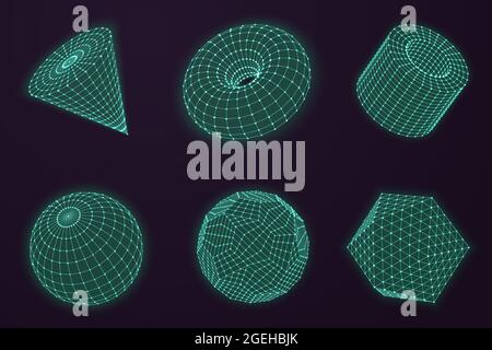 Sfere di linee collegate. Connessioni globo, forme di griglia astratte scientifiche. Futuristico 3d wireframe puntini poligono strutture vettore set Illustrazione Vettoriale