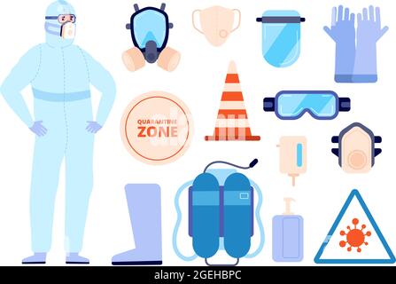 Apparecchiature di sicurezza medica. Uomo in abiti protettivi, icone di elementi di protezione personale. Persona indossare stivali viso maschera utter vettore infografica Illustrazione Vettoriale