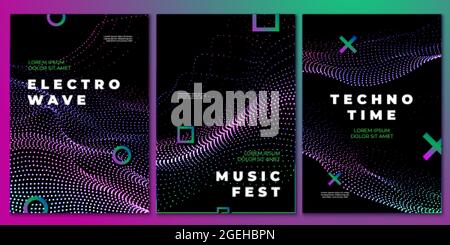 Poster per feste musicali Techno. Volantino club, design elettronico del festival dj. Flusso onde sonore, rock house evento musicale sfondo vettoriale recente Illustrazione Vettoriale