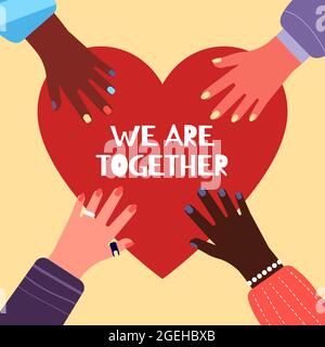 Insieme concetto. Carità, metafora dell'amicizia multiculturale. Mani multicolori di persone internazionali che hanno un grande cuore rosso Illustrazione Vettoriale