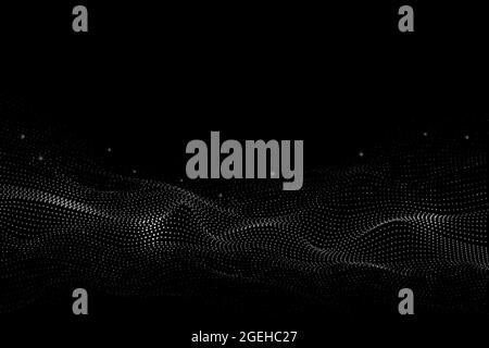 Puntini a reticolo in orizzontale. Concetto astratto punteggiato, tecnologia superficie mezzitoni. onda sonora 3d, particelle geometriche sfondo vettoriale recente Illustrazione Vettoriale