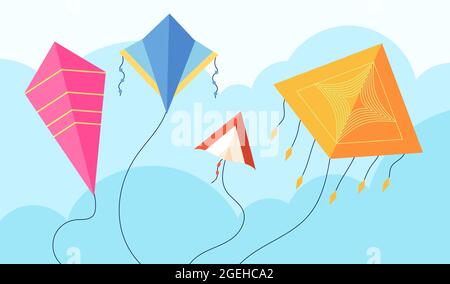 Aquiloni nel cielo. Divertimento volo aquilone, bambino giocattolo volare vento. Kiting, makar sankranti Pongal festival concetto. Attività estiva fondo vettore utter Illustrazione Vettoriale