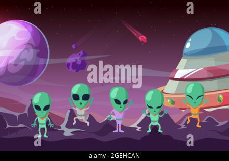 Alieni sul pianeta. Pianeta di colonizzazione, astronave e ufo. Sfondo dell'universo cartoon, posizione del gioco o modello vettoriale banner bambini Illustrazione Vettoriale