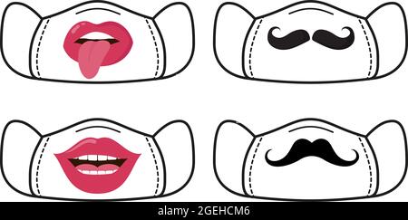 Maschera protettiva decorativa. Mascherina dell'apparecchiatura di protezione personale, signora gentleman antivirus faccia elemento vettore set Illustrazione Vettoriale