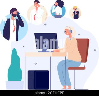 Coda operatore call center. Servizio di assistenza in attesa, le persone hanno bisogno di aiuto o domande frequenti. Lavoro donna anziana, responsabile del cliente alla scrivania del computer con Illustrazione Vettoriale