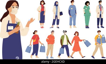 Diverse persone indossano maschere protettive. Donna uomo prevenzione influenzale, freddo o polvere aria auto protezione. Medici, acquirenti venditori personaggi vettoriali Illustrazione Vettoriale
