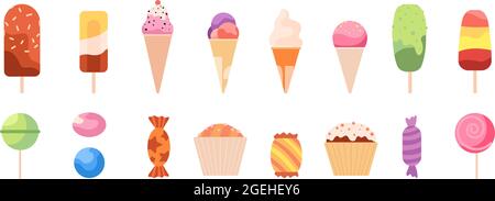 Lecca lecca dolce. Dolci da dessert, cupcake gelato a caramelle. Prodotti alimentari dolciari, cartoon flat deliziosi bambini regali utter collezione vettoriale Illustrazione Vettoriale