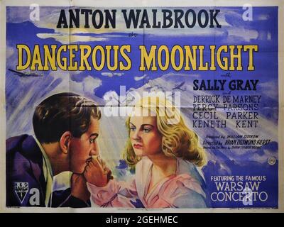 Original Release British Quad Poster for ANTON WALBROOK and SALLY GREY in DANGEROUS MOONLIGHT aka SUICIDE SQUADRON (in US) 1941 director BRIAN DESMOND HURST story Sean Terence Young Gowns Cecil Beaton music Richard Addinsell (Warsaw Concerto) RKO radio Pictures Foto Stock