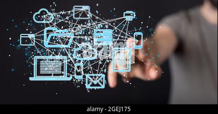 La mano della persona raggiunge i dispositivi 3D renderizzati e i file collegati l'uno all'altro Foto Stock