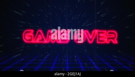 Retro Game over text glitching over blue and red lines on white hyperspace effect Foto Stock