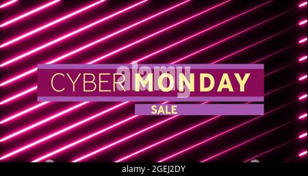 Immagine del testo di vendita del cyber monday in lettere gialle su linee rosse diagonali al neon Foto Stock