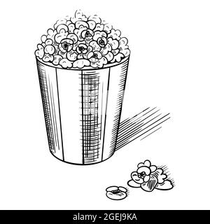 Schizzo di popcorn su sfondo bianco. Spuntino al cinema in un secchio di carta a righe. Illustrazione vettoriale. Illustrazione Vettoriale