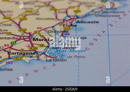 San Pedro del Pinatar Spagna è indicato su una mappa stradale o su una mappa geografica Foto Stock