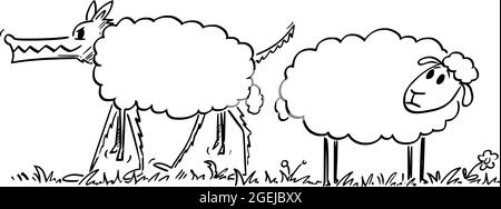 Pecora guardando il lupo in Sheep's Clothing, Vector Cartoon Illustration Illustrazione Vettoriale